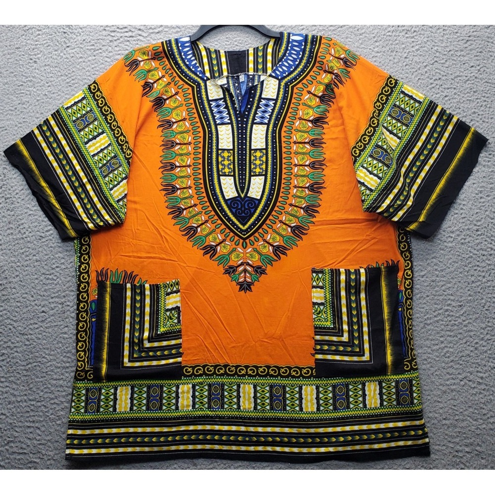 African Dashiki Shirt Mens 2X Multi Patterned Hippie Festivals Short Sleeve